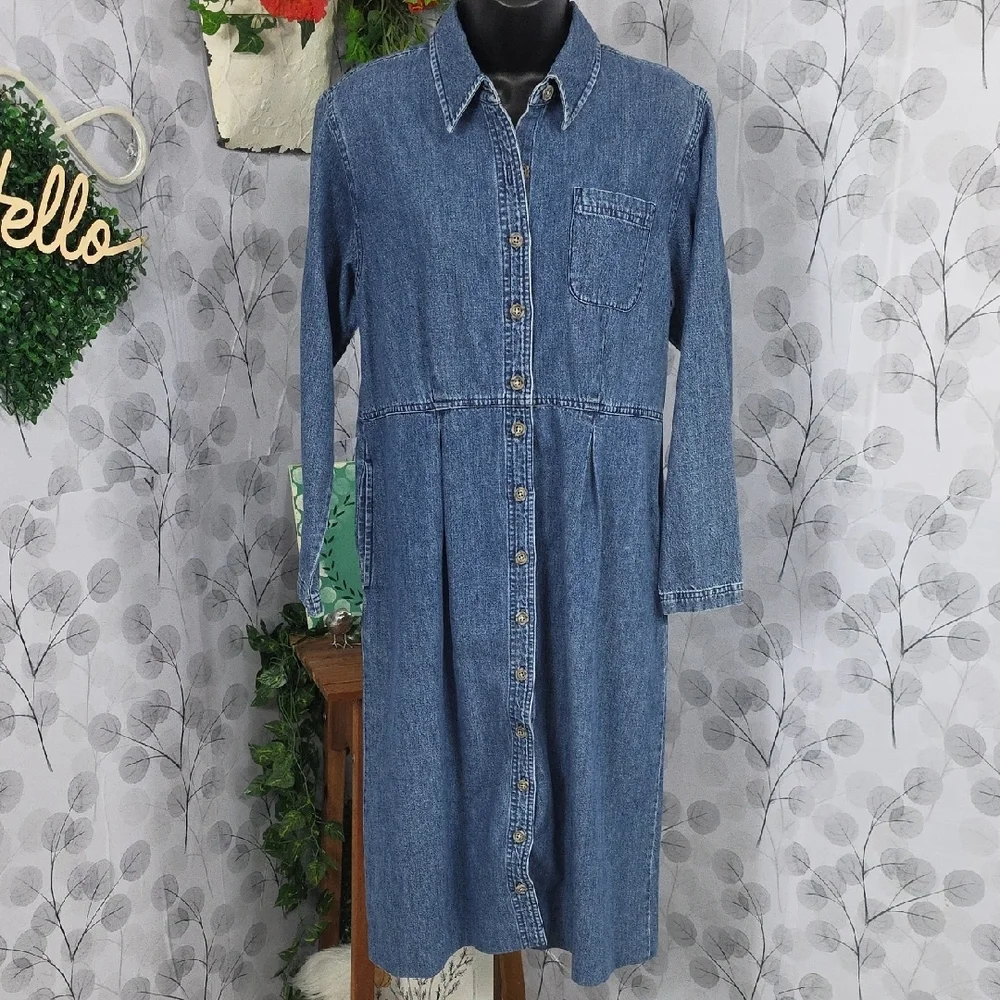 L.L. Bean Vintage Denim Button-Front Midi Dress-8 Petite - Picture 4 of 11